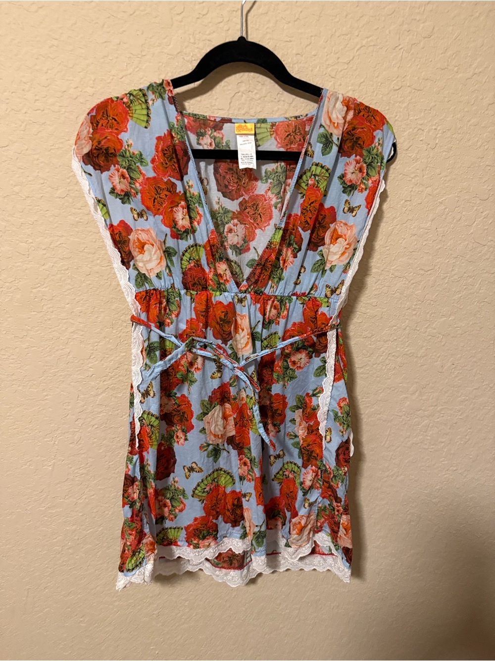 Agua Bendita Light Blue Floral Lace-Trim Tie-Waist Coverup